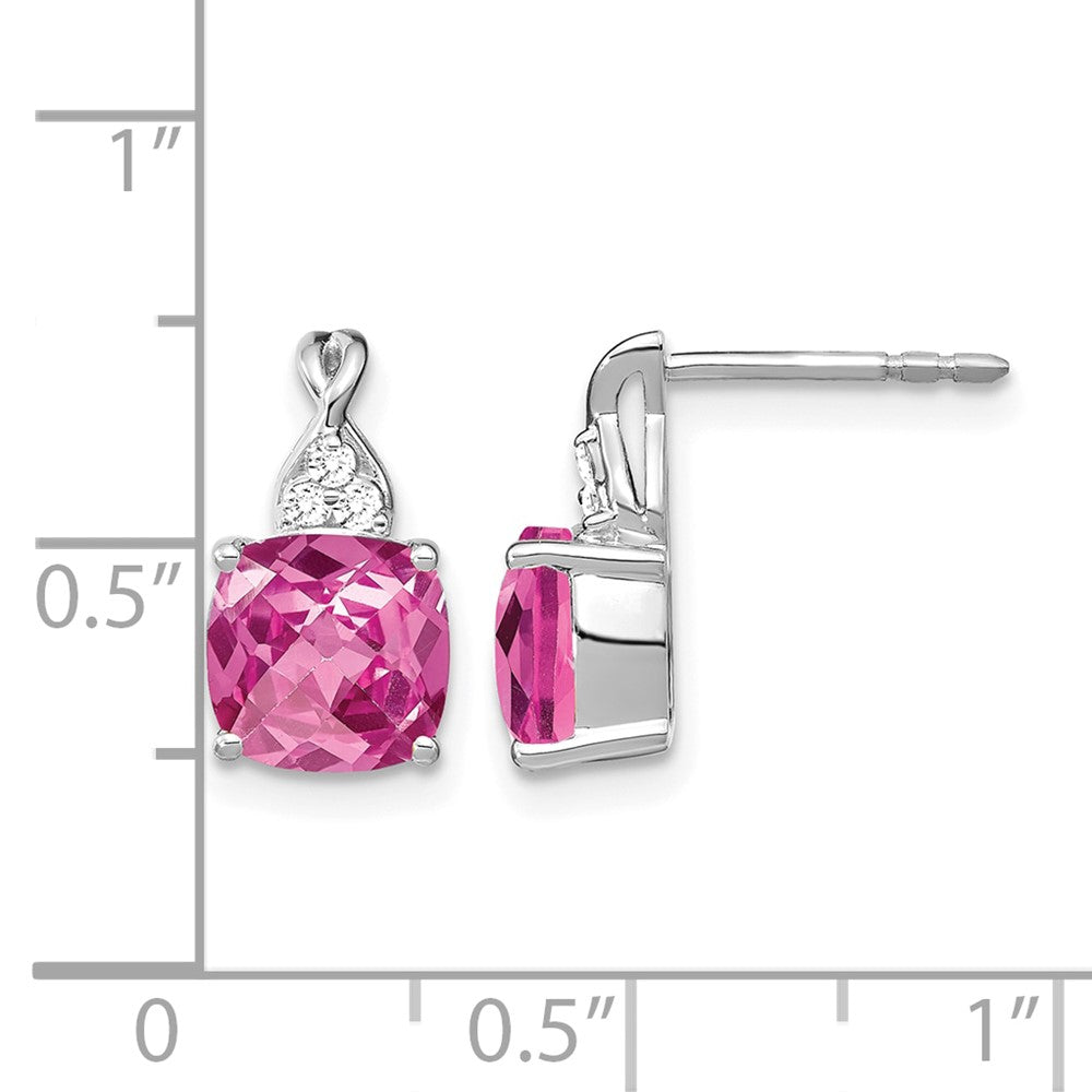 14K White Gold Checkerboard Created Pink Sapphire and Diamond Earrings