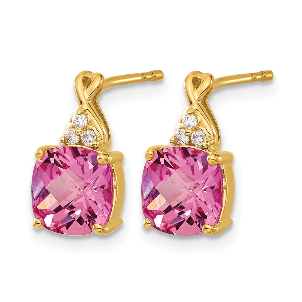 14k Checkerboard Created Pink Sapphire and Diamond Earrings