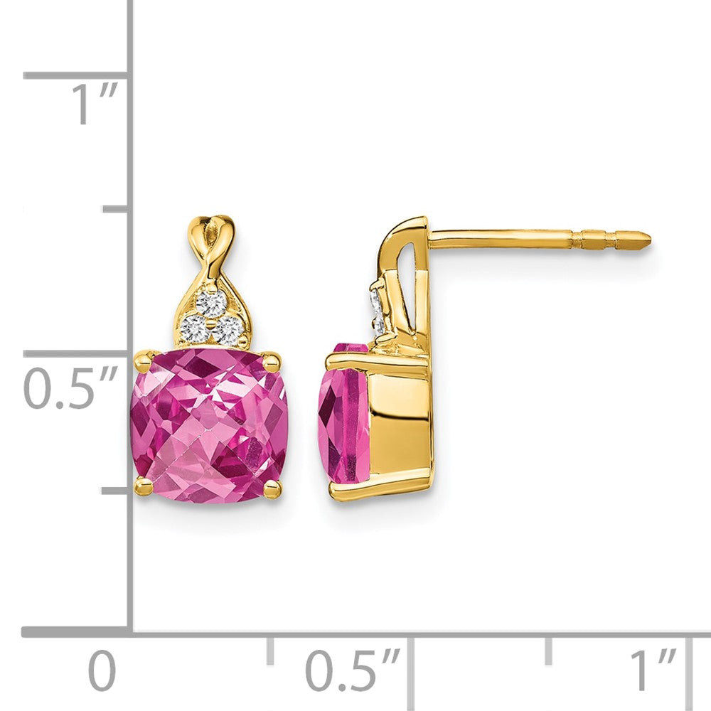 14k Checkerboard Created Pink Sapphire and Diamond Earrings