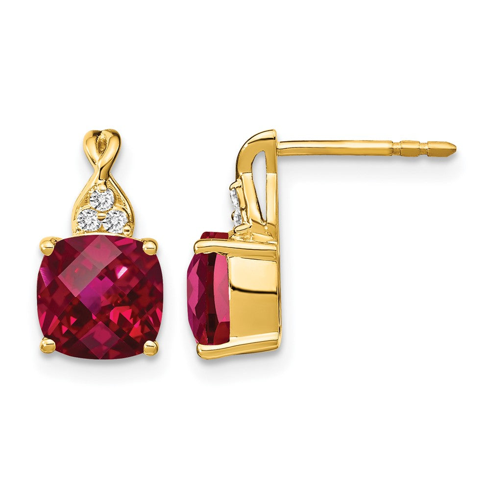 10k Checkerboard Created Ruby and Diamond Earrings
