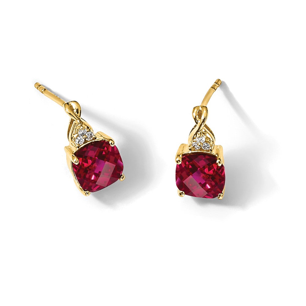 10k Checkerboard Created Ruby and Diamond Earrings