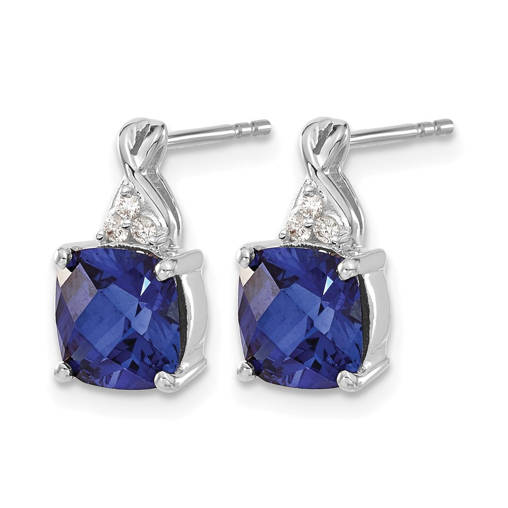 14K White Gold Checkerboard Created Sapphire and Diamond Earrings