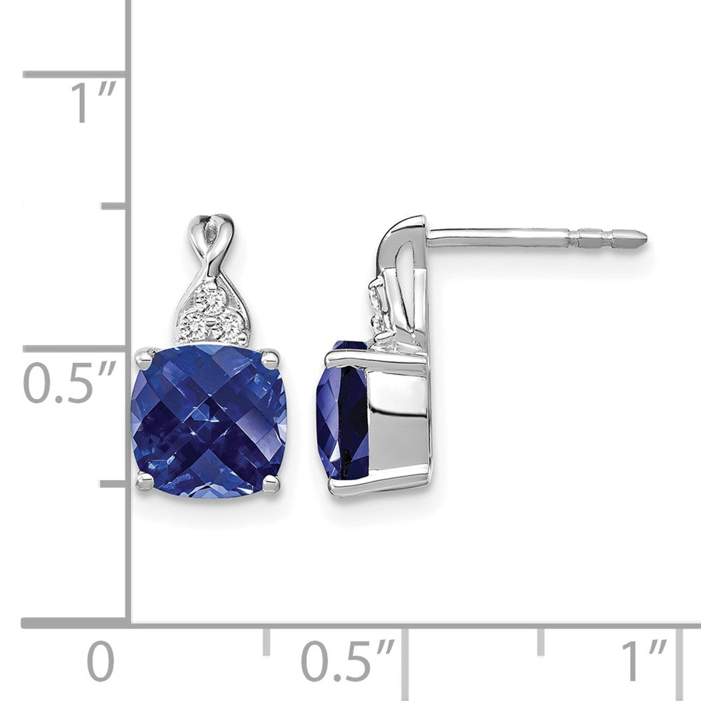 14K White Gold Checkerboard Created Sapphire and Diamond Earrings