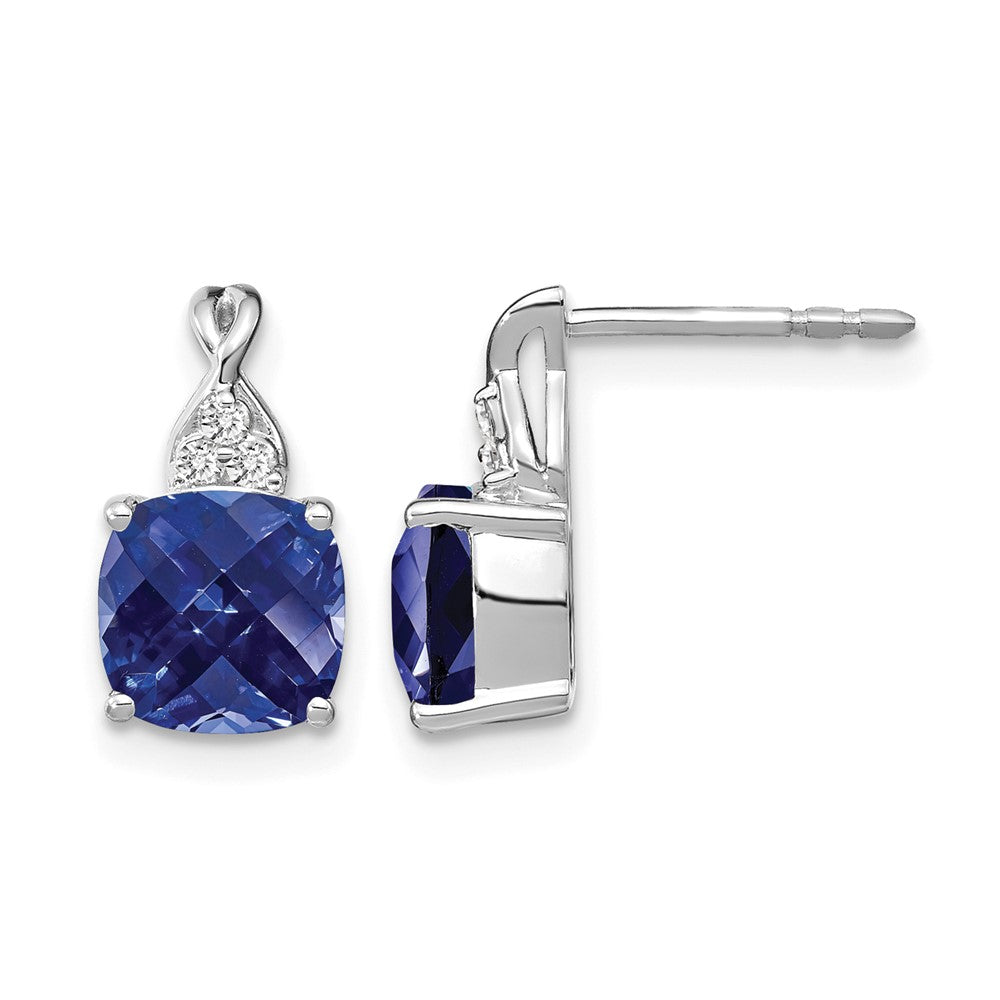 14K White Gold Checkerboard Created Sapphire and Diamond Earrings