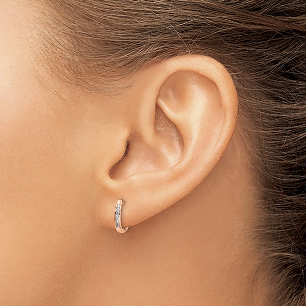 14k Rose Gold Polished Diamond Hinged Hoop Earrings