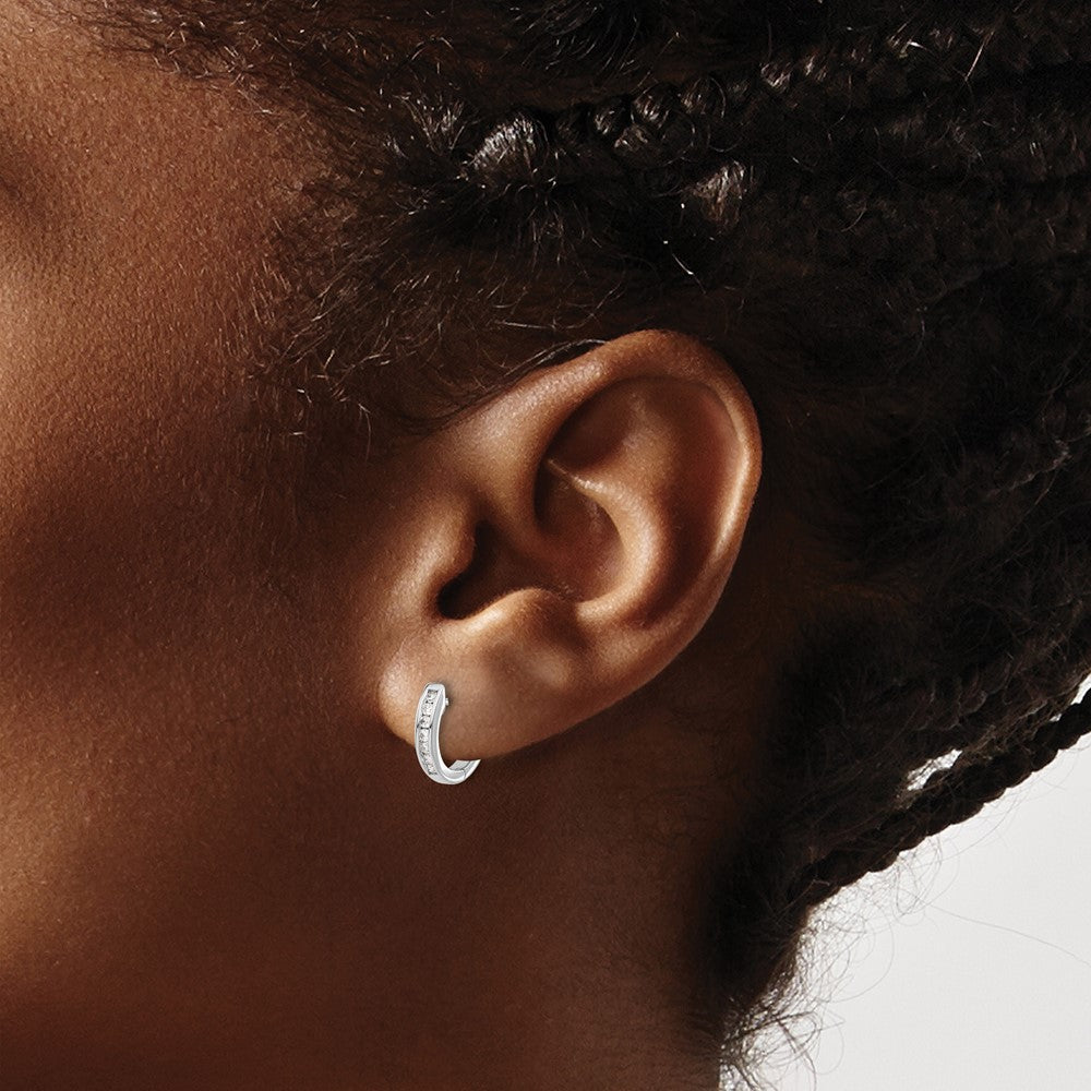 14k White Gold Polished Diamond Hinged Hoop Earrings