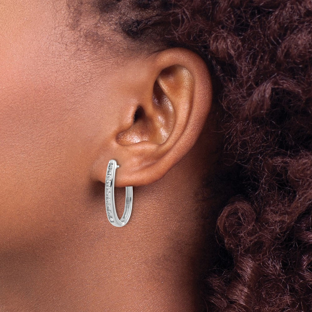 14k White Gold Diamond Oval Hinged Hoop Earrings