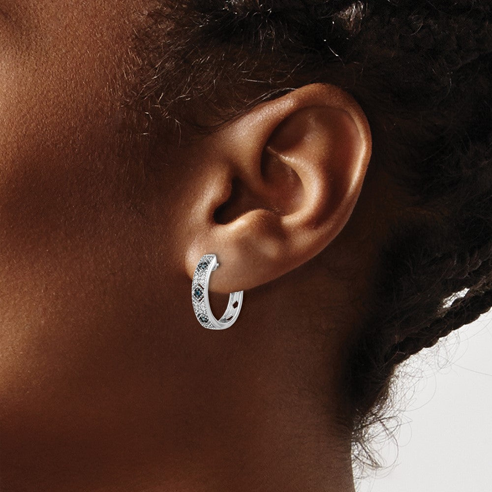 14k White Gold Blue/White Diamond Hinged Hoop Earrings