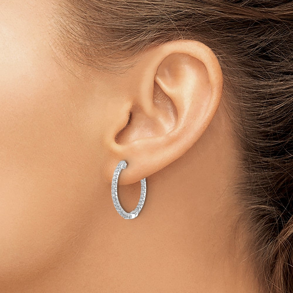 14k White Gold Polished Diamond In/Out Hinged Hoop Earrings