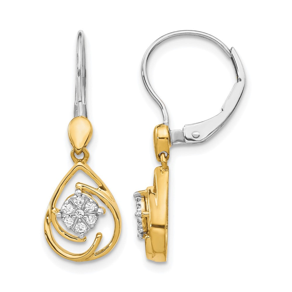 14k Two-tone Diamond Teardrop Dangle Leverback Earrings