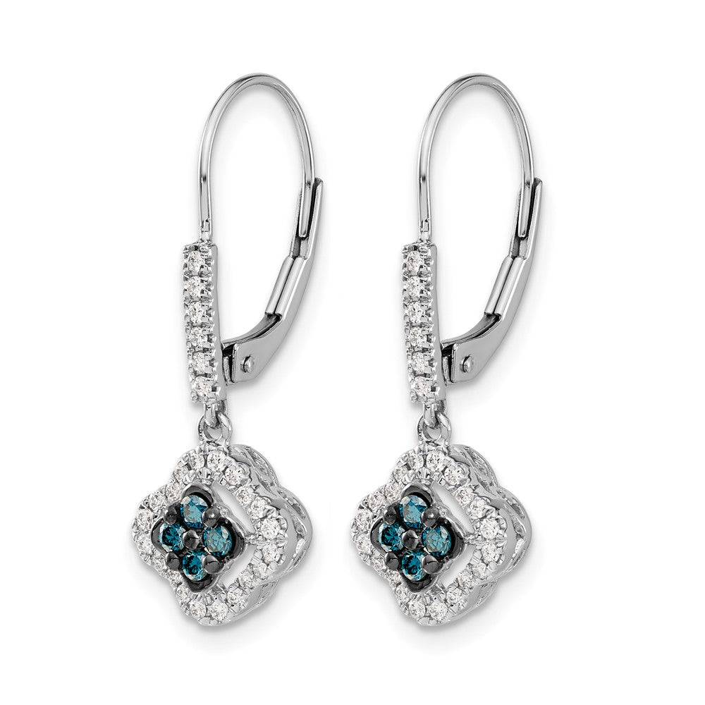 14k White Gold White and Blue Diamond Dangle Leverback Earrings
