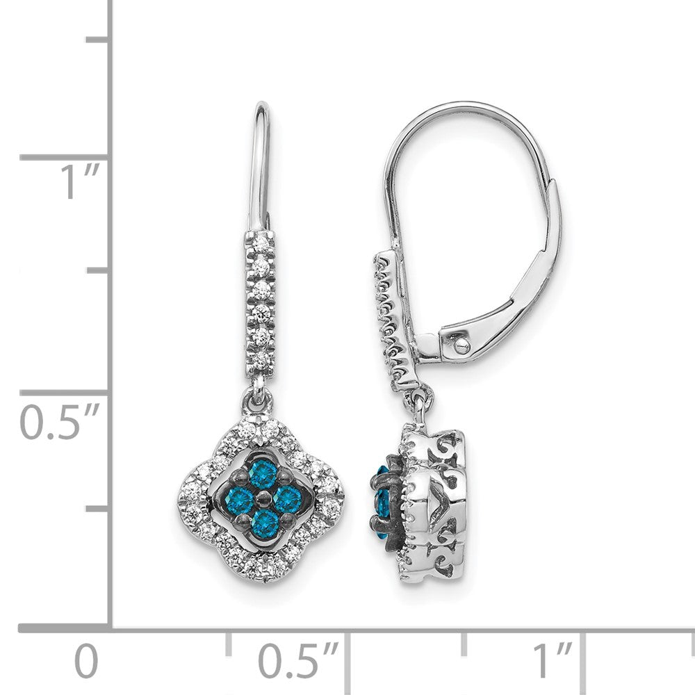 14k White Gold White and Blue Diamond Dangle Leverback Earrings