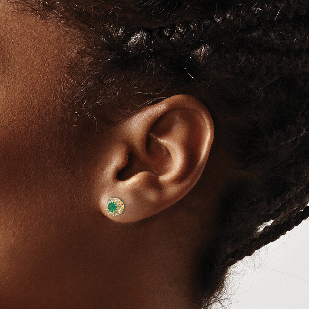 14k Gold Diamond and Emerald Halo Post Earrings