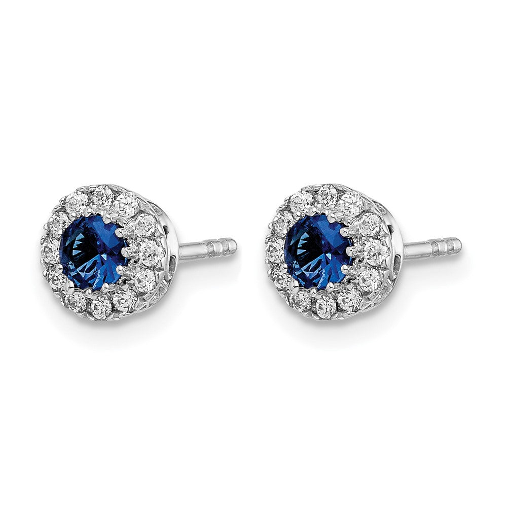 14k White Gold Diamond and Blue Sapphire Halo Post Earrings