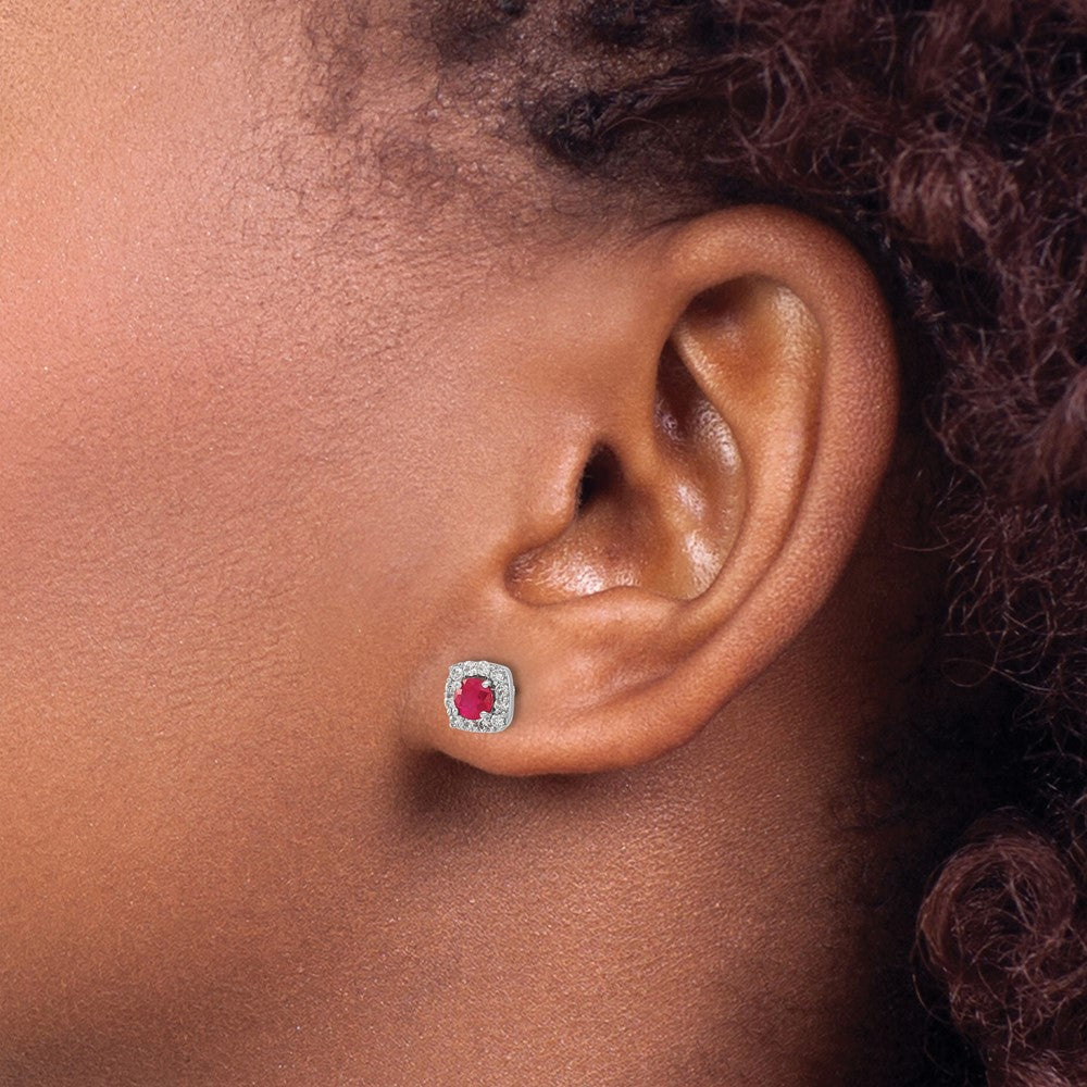 14k White Gold Diamond and Ruby Square Halo Earrings