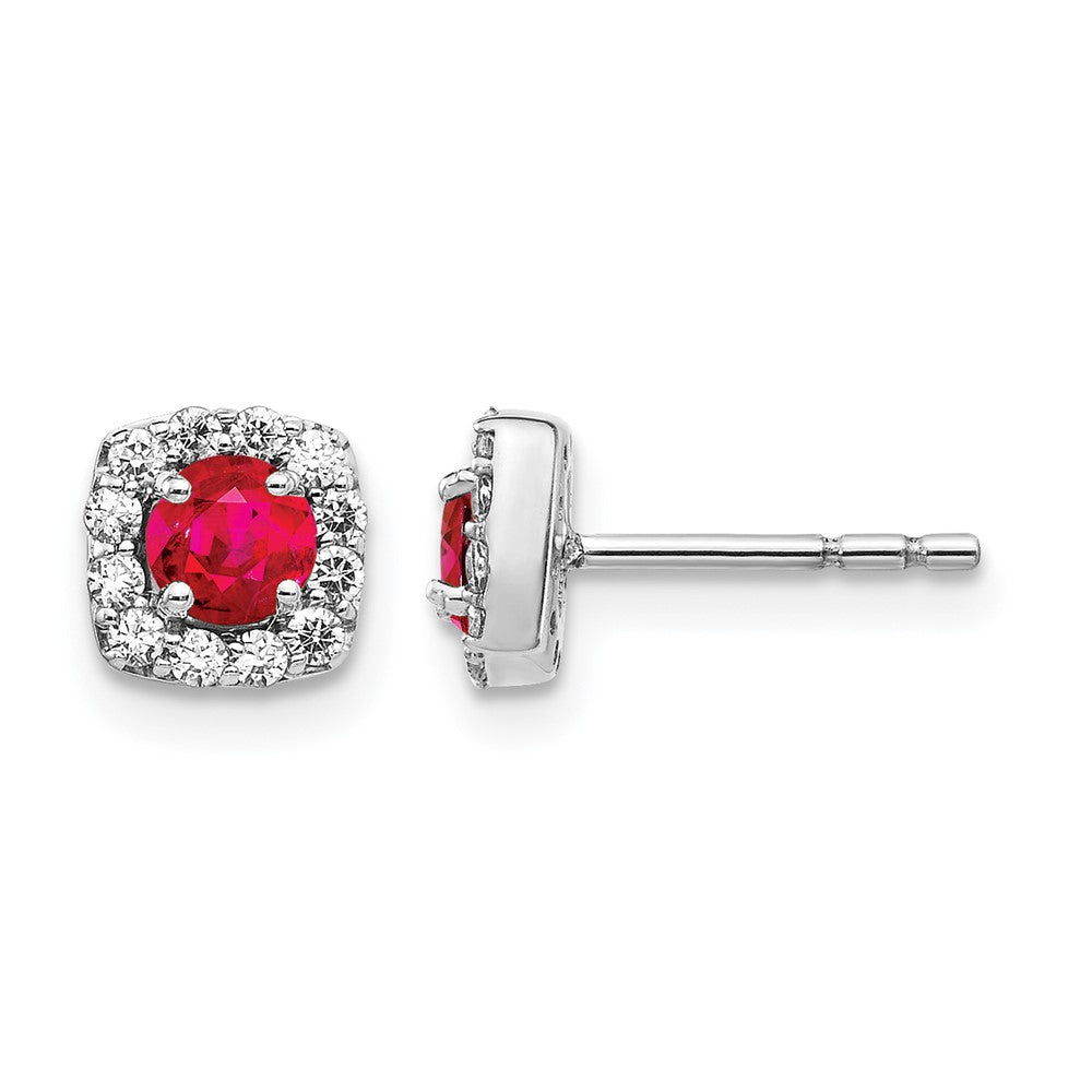 14k White Gold Diamond and Ruby Square Halo Earrings