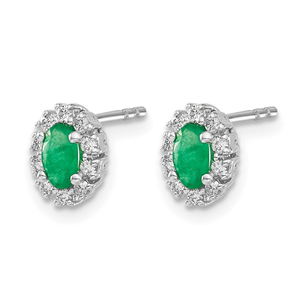 14k White Gold 1/5Ct Diamond and Emerald Oval Halo Earrings