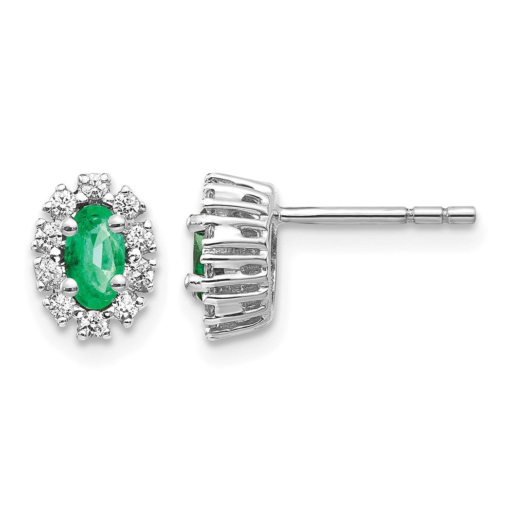 14k White Gold 1/5Ct Diamond and Emerald Oval Halo Earrings