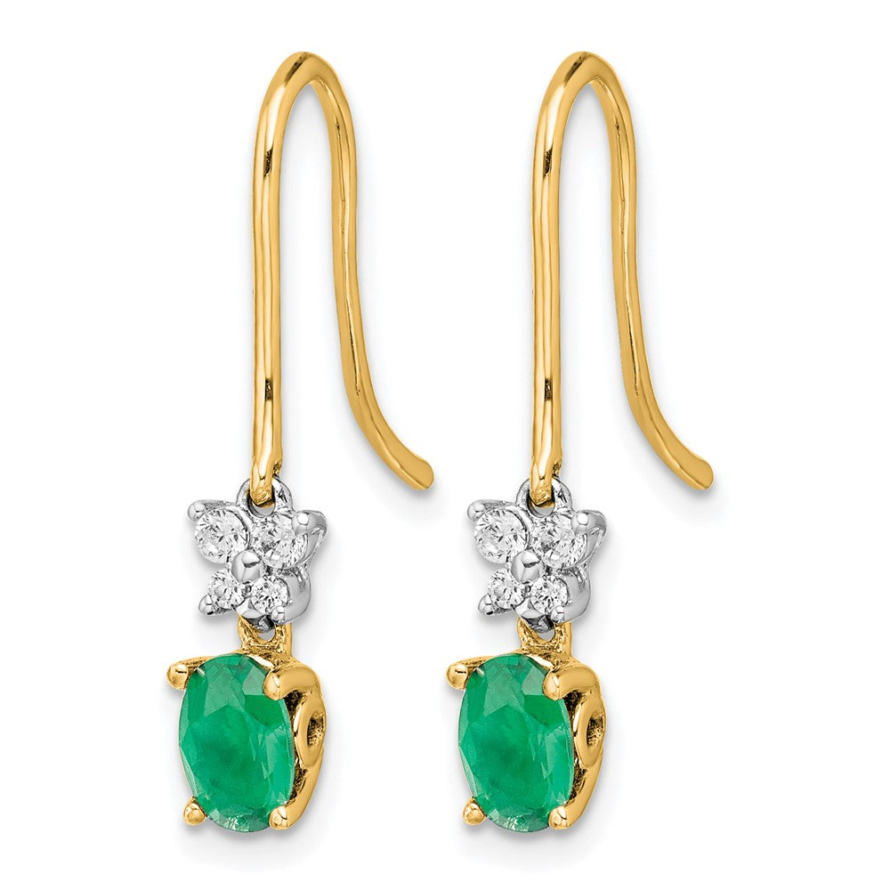 14k Two-tone 1/8ct Diamond and Oval Emerald Shepherd Hook Earrings