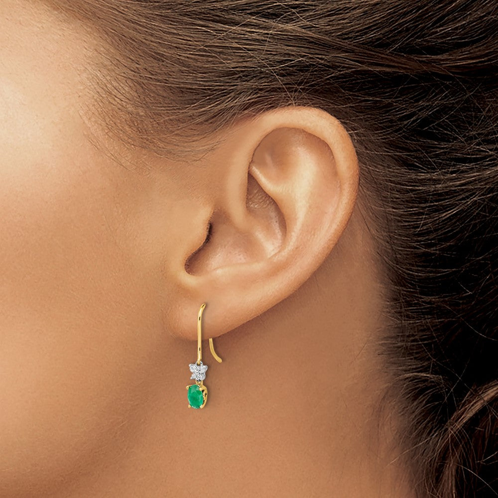 14k Two-tone 1/8ct Diamond and Oval Emerald Shepherd Hook Earrings