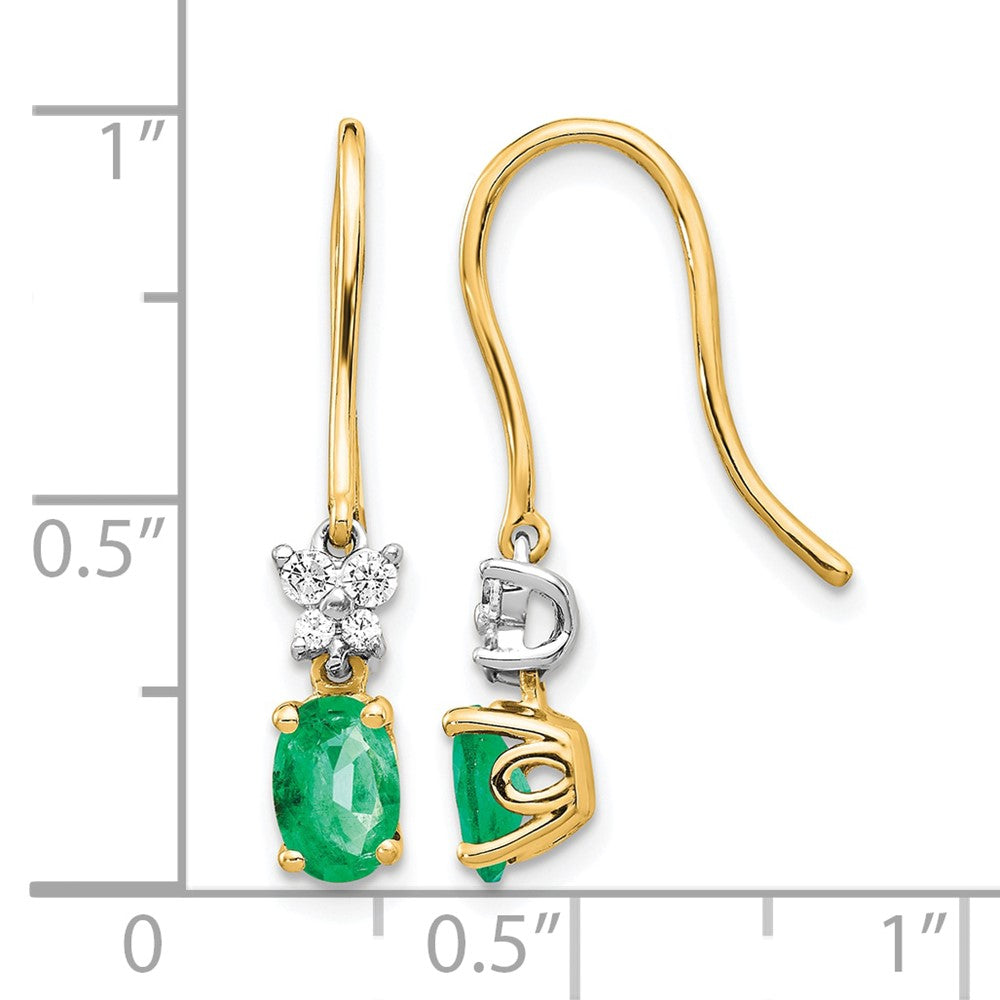 14k Two-tone 1/8ct Diamond and Oval Emerald Shepherd Hook Earrings