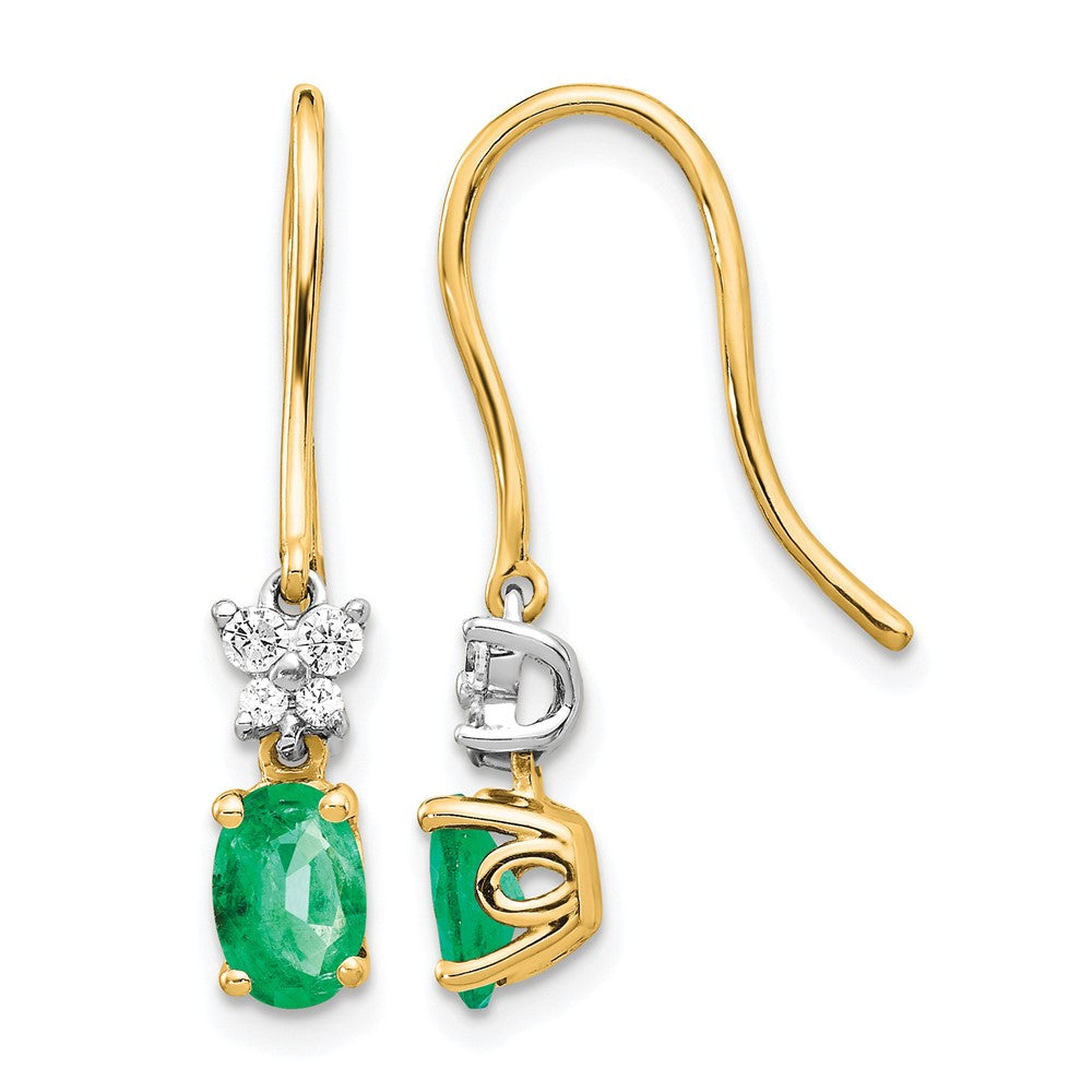 14k Two-tone 1/8ct Diamond and Oval Emerald Shepherd Hook Earrings