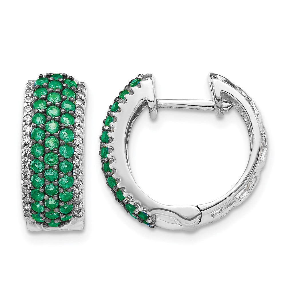 14k White Gold Diamond and Emerald Hinged Hoop Earrings