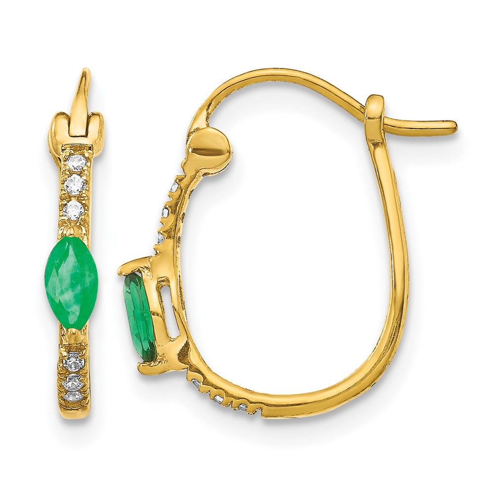 10k 1/20ct Diamond and Emerald Oval Hoop Earrings