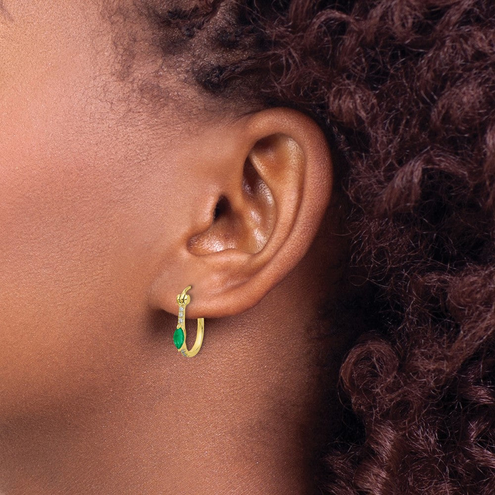 14k 1/20ct Diamond and Emerald Oval Hoop Earrings