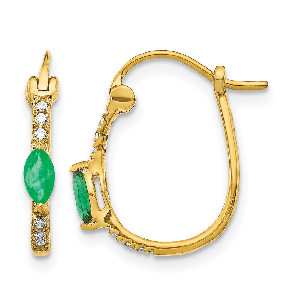 14k 1/20ct Diamond and Emerald Oval Hoop Earrings