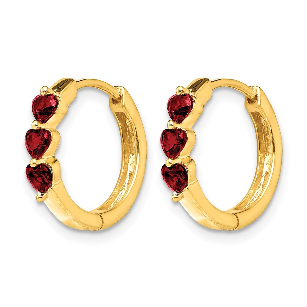 10k 3 Stone Created Ruby Polished Hinged Hoop Earrings