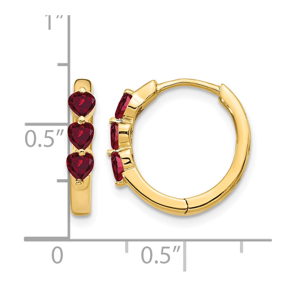 10k 3 Stone Created Ruby Polished Hinged Hoop Earrings