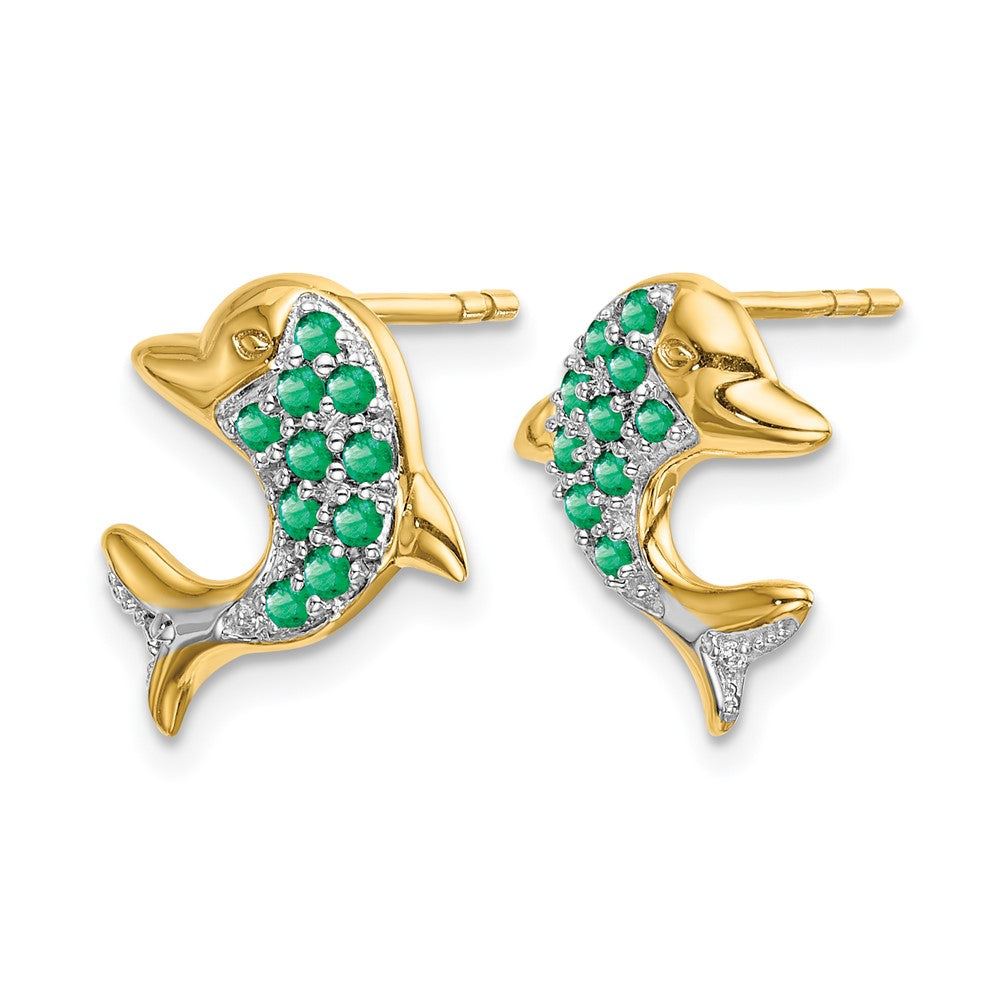 14k and Rhodium Emerald and Diamond Dolphin Post Earrings