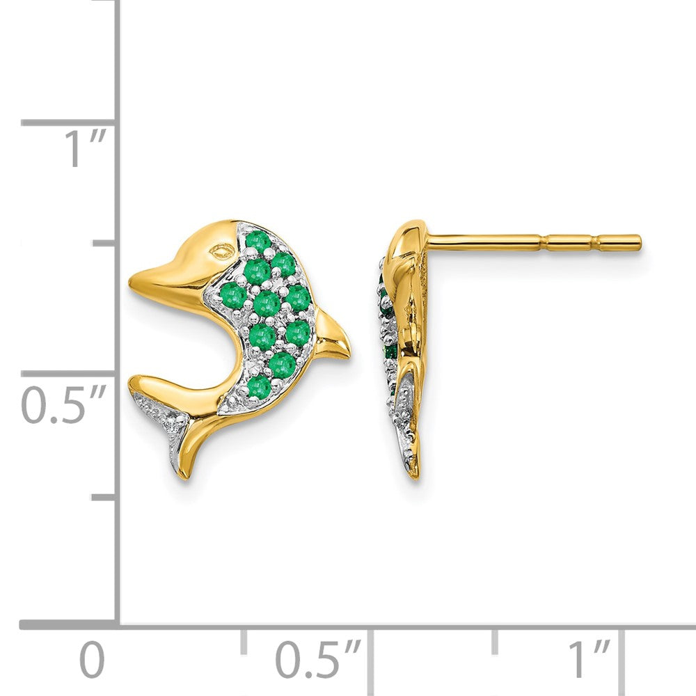 14k and Rhodium Emerald and Diamond Dolphin Post Earrings