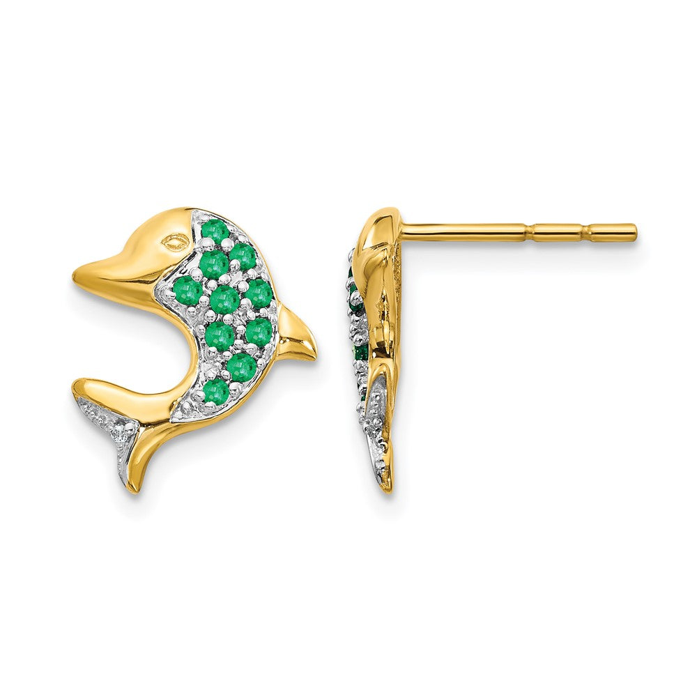 14k and Rhodium Emerald and Diamond Dolphin Post Earrings