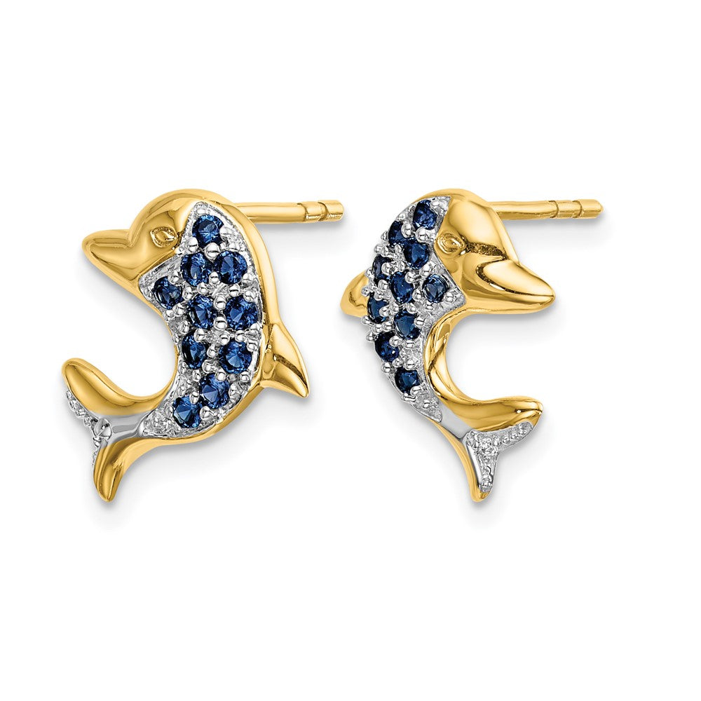14k w/Rhodium Sapphire/Diamond Dolphin Post Earrings