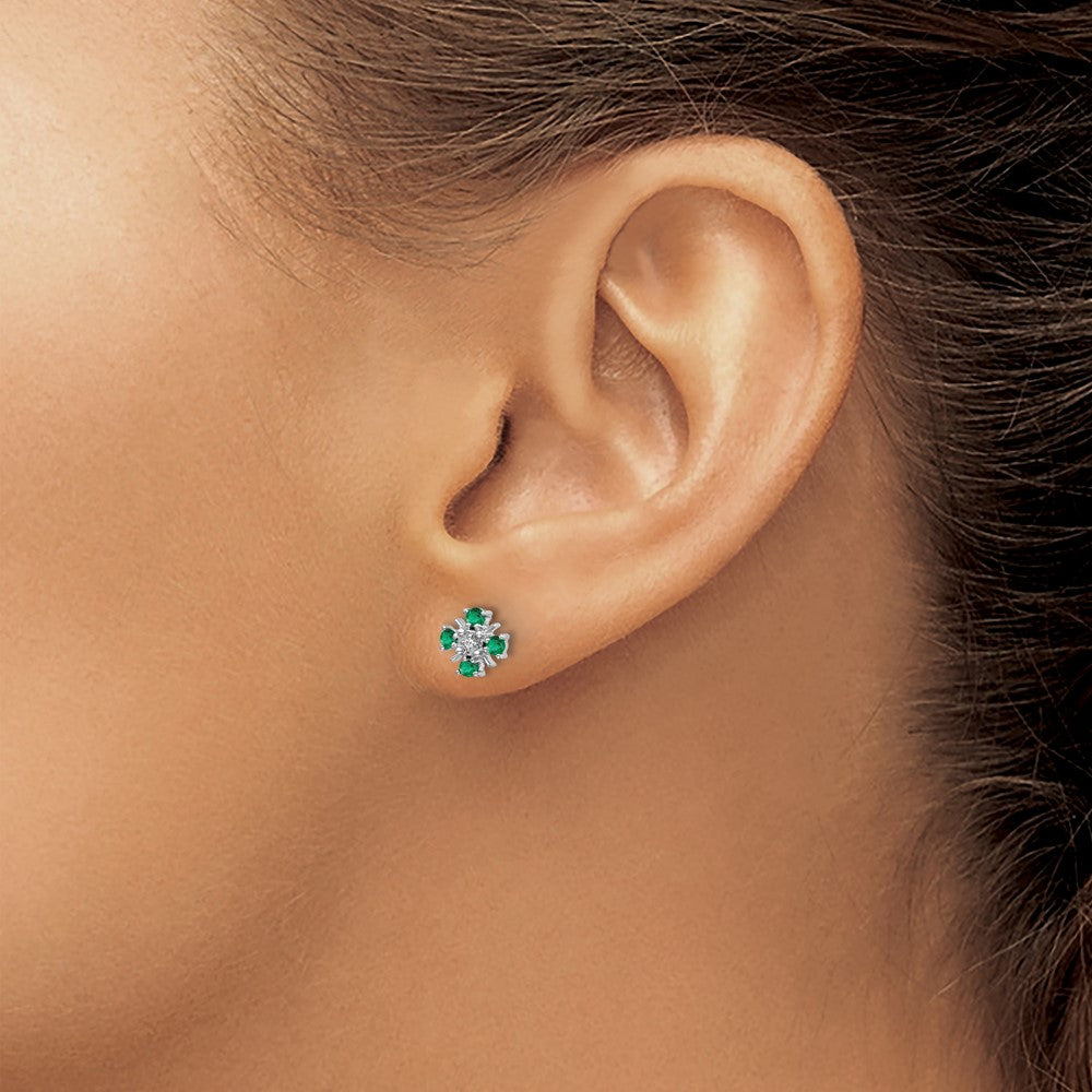 14k White Gold Emerald and Diamond Post Earrings