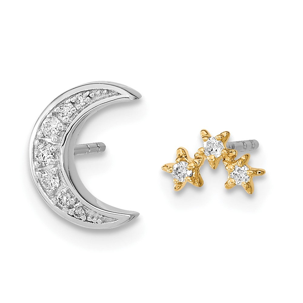 14k Two-tone Moon and 3-Stars Diamond Mis-match Post Earrings