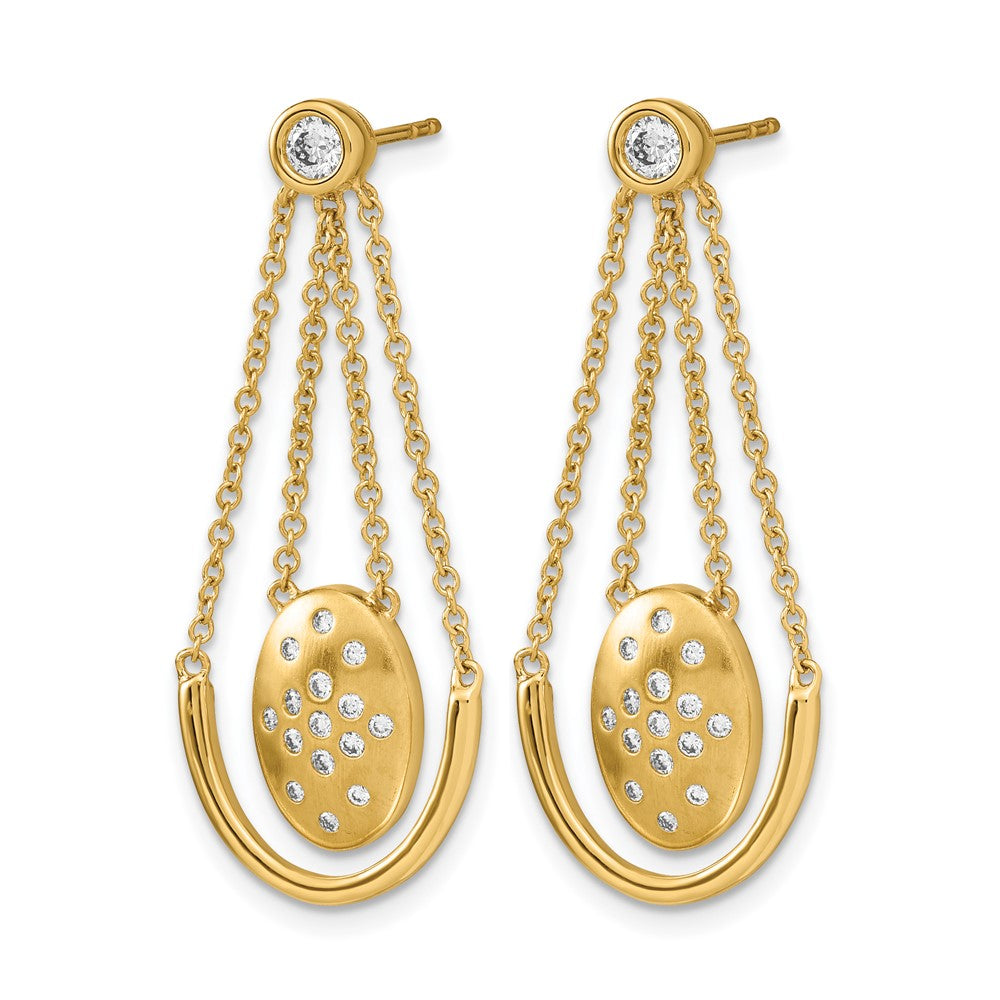 14k Satin/Polished Diamond Oval w/Chain Dangle Post Earrings