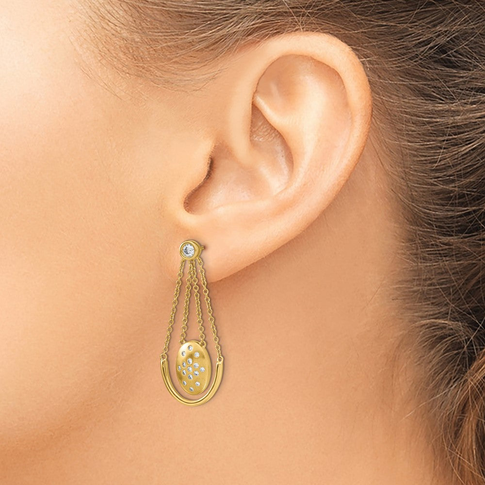 14k Satin/Polished Diamond Oval w/Chain Dangle Post Earrings