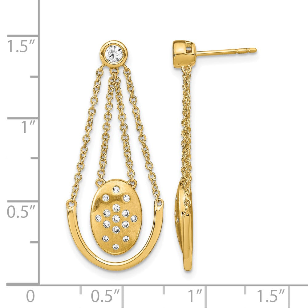 14k Satin/Polished Diamond Oval w/Chain Dangle Post Earrings