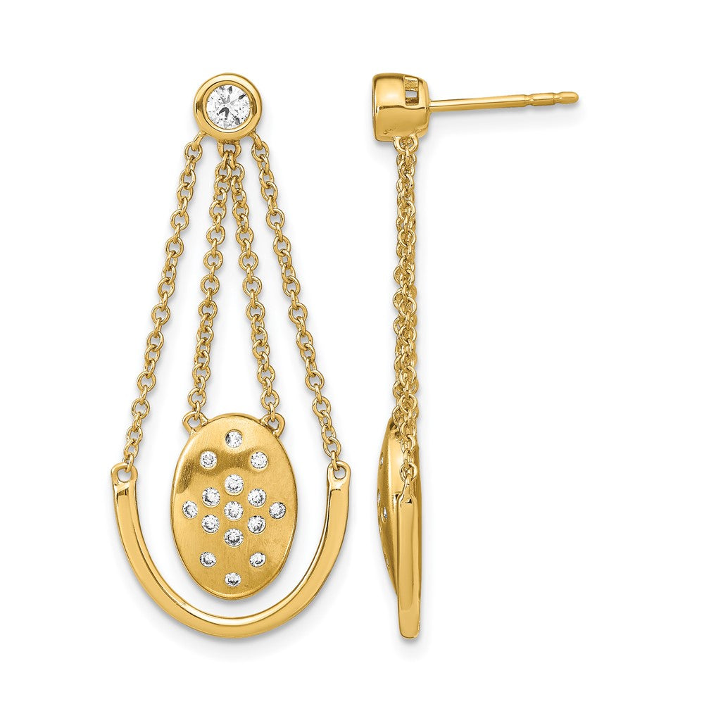 14k Satin/Polished Diamond Oval w/Chain Dangle Post Earrings