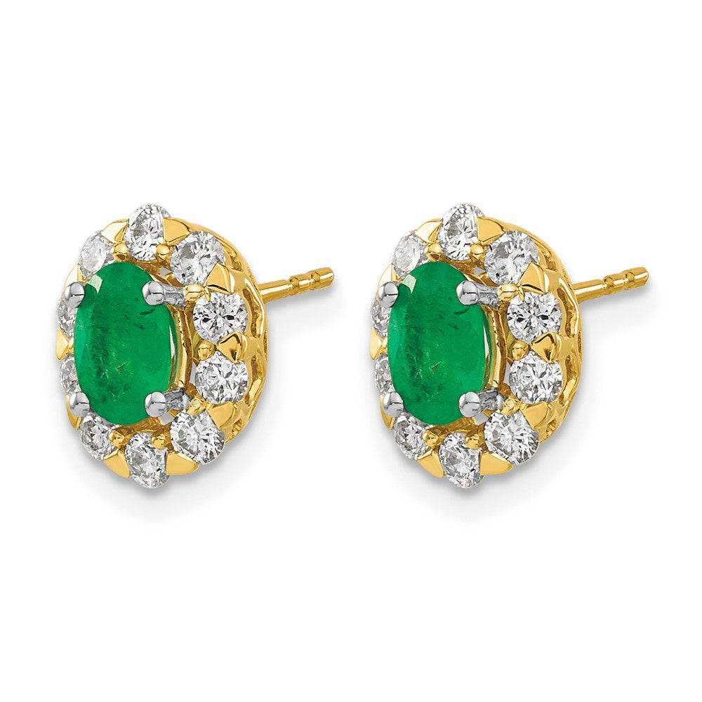 14k Oval Emerald and Diamond Halo Post Earrings