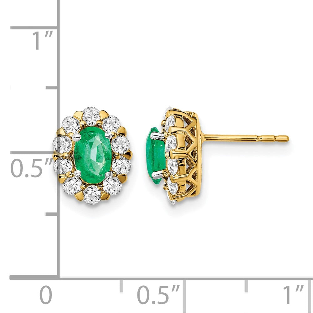 14k Oval Emerald and Diamond Halo Post Earrings