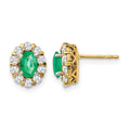 14k Oval Emerald and Diamond Halo Post Earrings