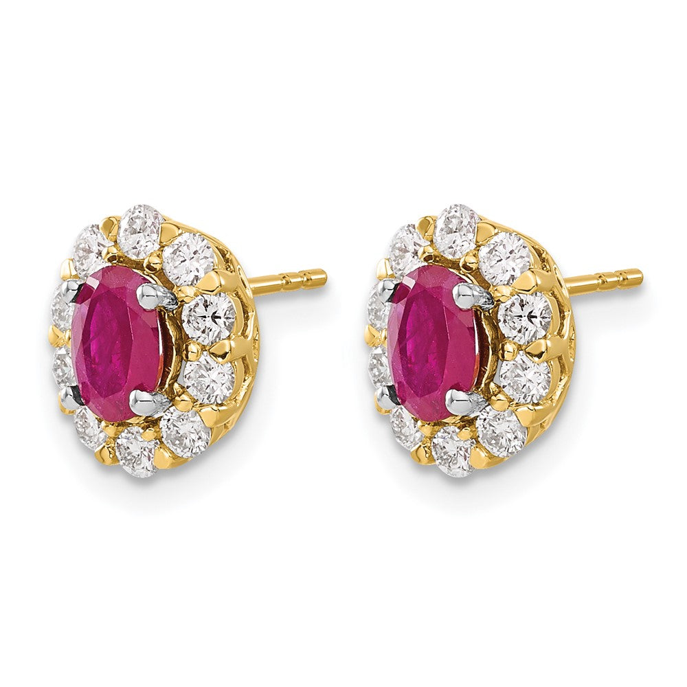 14k Oval Ruby and Diamond Halo Post Earrings