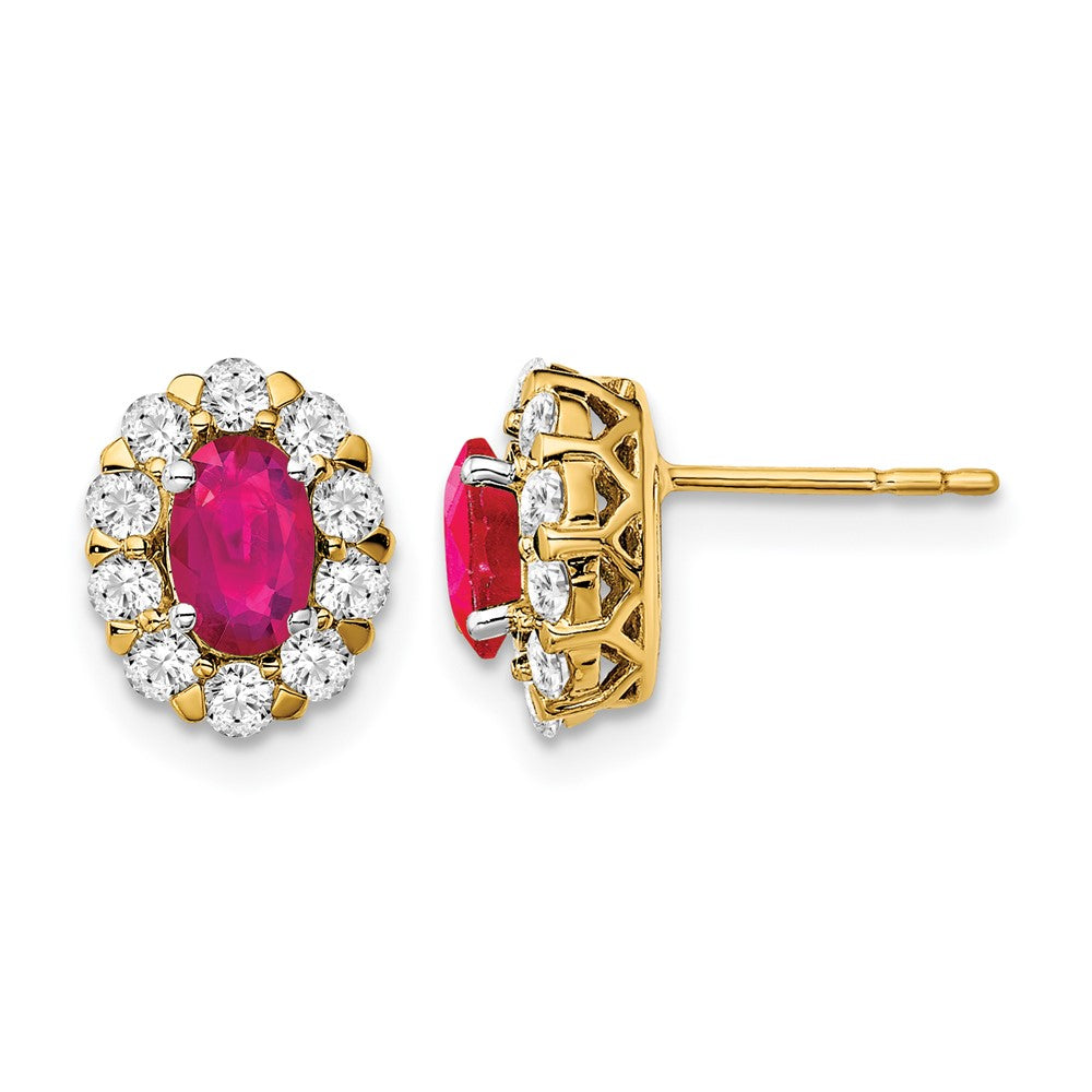 14k Oval Ruby and Diamond Halo Post Earrings