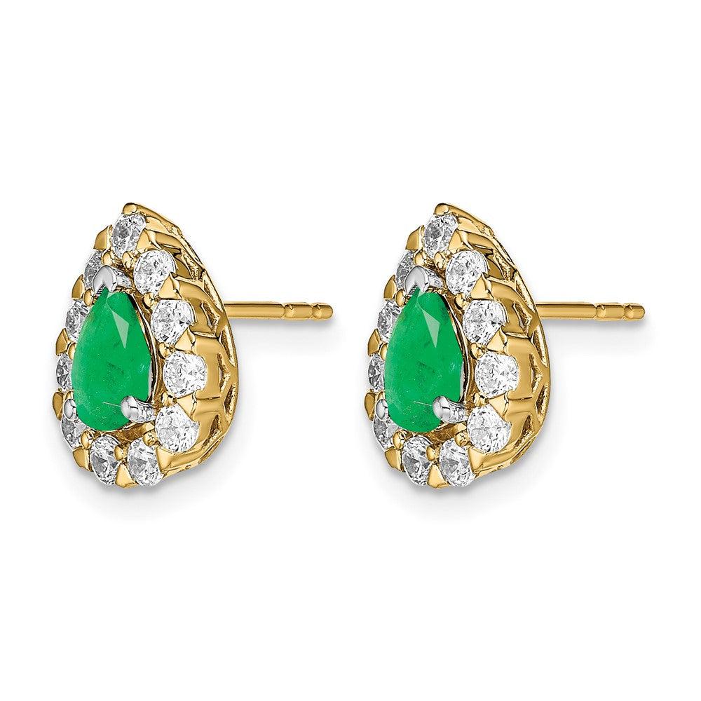 14k Pear Emerald and Diamond Halo Post Earrings