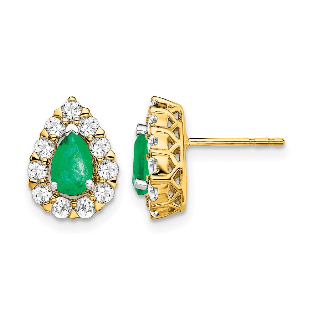 14k Pear Emerald and Diamond Halo Post Earrings