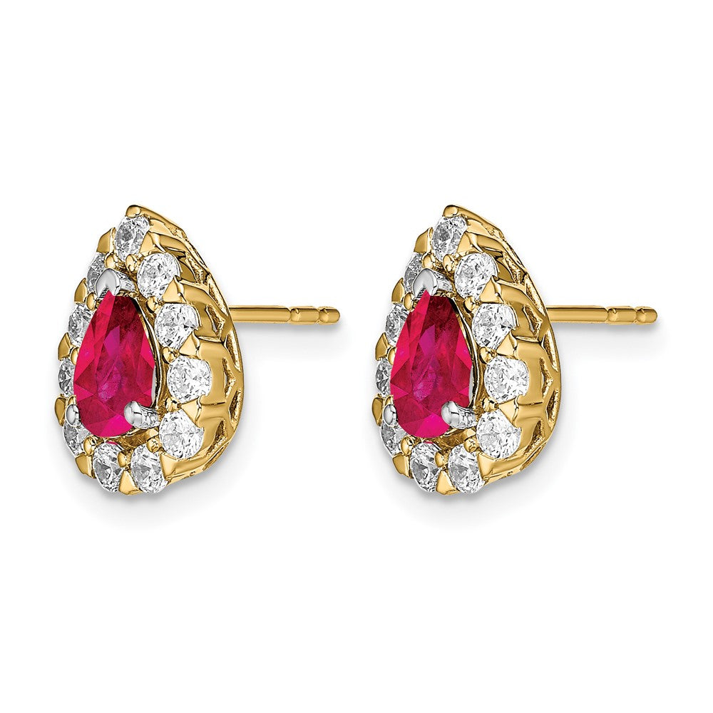 14k Pear Ruby and Diamond Halo Post Earrings